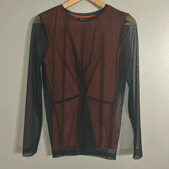 *NWT* DKNY Top with Twist Front and Mesh Overlay in Navy/Russet, S, Blue, Orange - Picture 4 of 10